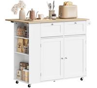 WOLTU Îlot Central sur roulettes 62x 101 x 86cm, Desserte de Cuisine avec Plateau Rabattable, Étagère Latérale, Blanc