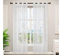 WOLTU Lot de 2 Rideaux Draperies en Lin Broderie de Fleurs Demi Transparent avec Oeillets Voilage, Accessoire de mobilier, Convient à la Chambre à Coucher et au Salon, 140x245 cm, Blanc