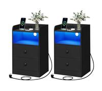 WOLTU Lot de 2 Table de Chevet avec Prises Électriques, Ports USB et Lumière LED, Table d'Appoint avec Tiroirs et Compartiment Ouvert, Table de Canapé en Panneaux E1, Noir, NTS07sz-2