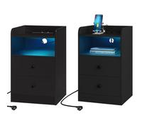 WOLTU Lot de 2 Table de Chevet, Lumière LED, Table d'Appoint avec Station de Charge, Prises et Ports USB, Noir W0ETT0240-2