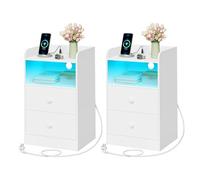 WOLTU Lot de 2 Tables de Chevet avec Station de Charge, Prises et Ports USB, Table d'Appoint avec Lumière LED, Table de Lit avec 2 Tiroirs 1 Compartiment Ouvert, Meuble Chambre en Bois, Blanc