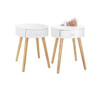 WOLTU Lot de 2 Tables de Chevet Ronde, Table Basse avec tiroir de Rangement Table de Nuit Plateau en MDF Pied en Bois de Pin, 38x38x48cm, Design Moderne pour Chambre Salon, Blanc, TS51ws-2