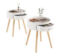 WOLTU Lot de 2 Tables de Chevet Ronde, Table d'Appoint avec Tiroir, Plateau à Bord Surélevé et Pied en Bois, Design Moderne pour Chambre à Coucher, Salon, φ38x45,5cm, MDF+Bois, Blanc, TS111ws-2