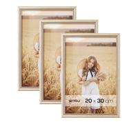 WOLTU Lot de 3 Cadre Photo 20x30cm Cadre en Bois Massif avec Passe Partout, Suspendre Horizontalement ou Verticalement, Décoration Murale ou sur Table, Or