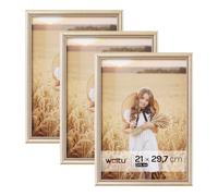WOLTU Lot de 3 Cadre Photo A4 21,9x30cm Cadre en Bois Massif avec Passe Partout, Suspendre Horizontalement ou Verticalement, Décoration Murale ou sur Table, Or