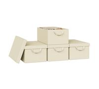 WOLTU Lot de 4 Boîtes de Rangement Pliables, Paniers de Rangement en Tissu Non Tissé, avec Couvercle et Poignées, pour Jouets et Vêtements, Crème, 48x29x20cm