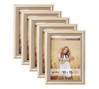 WOLTU Lot de 5 Cadre Photo 10x15cm Cadre en Bois Massif avec Passe Partout, Suspendre Horizontalement ou Verticalement, Décoration Murale ou sur Table, Or