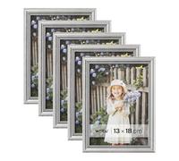 WOLTU Lot de 5 Cadre Photo 13x18cm Cadre en Bois Massif avec Passe Partout, Suspendre Horizontalement ou Verticalement, Décoration Murale ou sur Table, Argent