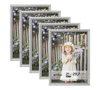 WOLTU Lot de 5 Cadre Photo 21,9x30 cm A4 Cadre en Bois Massif avec Passe Partout, Suspendre Horizontalement ou Verticalement, Décoration Murale ou sur Table, Argent