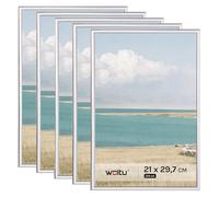WOLTU Lot de 5 Cadre Photo A4 21x29,7cm avec Passe Partout, Cadre et Plaque en Plastique pour Décoration Murale ou sur Table, à Poser Horizontalement ou Verticalement, Argenté