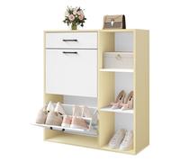 WOLTU Meuble à Chaussures, Tiroir et Compartiments Rabattables et Ouverts, 80x90x30cm, Blanc+Bois Naturel