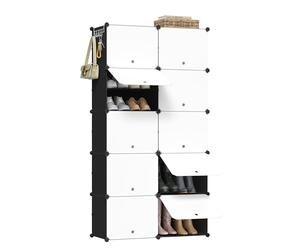 WOLTU Meuble Chaussure, Rangement Chaussure avec 10 Compartiments, pour 40 Paires, Boîte à Chaussures Empilable, Étagère Chaussures en Plastique, avec Portes, Blanc+Noir