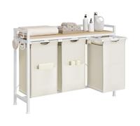 WOLTU Panier à Linge 3 Compartiments, 40L/Panier, avec Étagère, Sac à Linge en Tissu Oxford Amovible, Cadre en Métal, Blanc + Chêne Clair