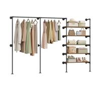 WOLTU Penderie Murale, Portant à Vêtements, Dressing Mural, en Tube Métallique, Design Ouvert, avec 5 Étagères en Bois d'Ingénierie, 2 Tringles, Style Vintage, Noir + Marron Rustique