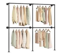 WOLTU Porte-Manteau Mural Industriel, Penderie Murale, Portant à Vêtements Mural en Forme de Tuyau d'Eau avec 4 Tringles pour Suspendre les Vêtements, Métal, Noir, 193x36,5x187cm