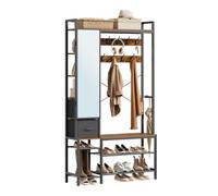 WOLTU Porte-manteau sur pied avec étagère à chaussures, 9 crochets, armoire ouverte en bois avec miroir et 2 tiroirs, structure en métal pour chambre à coucher, couloir, 100×30×180 cm Black and Rustic