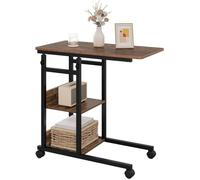 WOLTU Table d'Appoint avec roulettes, Table Basse en Forme de C, Bout de Canapé, Plateau à Hauteur Réglable, 2 Étagères, en Bois d'Ingénierie et Métal, Marron Rustique + Noir, BTS08hov