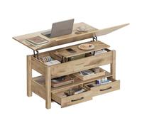 WOLTU Table Basse Relevable et Extensible, Table de Salon avec Rangement Dissimulé, Compartiment Ouvert et 2 Tiroirs, pour Salon et Bureau, 100x50,5x53/67.5 cm, Marron Camel