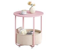 WOLTU Table Basse Ronde, Table d'Appoint avec Panier de Rangement en Tissu, Plateau en Bois d'Ingénierie, Cadre en Métal, pour Salon, Balcon, Chambre à Coucher, Rose+Beige
