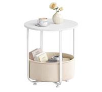 WOLTU Table Basse Ronde, Table d'Appoint avec Panier de Rangement en Tissu, Plateau en Bois d'Ingénierie, Cadre en Métal, pour Salon, Balcon, Chambre à Coucher, Blanc+Beige