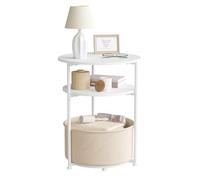 WOLTU Table Basse Ronde, Table d'Appoint avec Panier de Rangement en Tissu, Plateau en Bois d'Ingénierie, Cadre en Métal, pour Salon, Balcon, Chambre à Coucher, Blanc+Beige