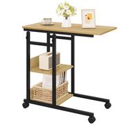 WOLTU Table d'Appoint avec roulettes, Table Basse en Forme de C, Bout de Canapé, Plateau à Hauteur Réglable, 2 Étagères, en Bois d'Ingénierie et Métal, Chêne Clair+Noir, BTS08hei