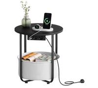WOLTU Table d'Appoint avec Station de Charge, Petite Table Basse Ronde, avec Panier en Tissu Amovible, 2 Prises, 1 Port USB et 1 Port Type-C, Cadre Métallique, Ø45xH50 cm, Noir+Gris