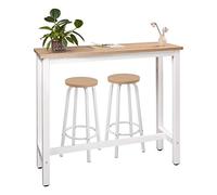 WOLTU Table de avec 2 tabourets de Bar, Bar Table à Manger en métal et MDF, Mange Debout pour Cuisine, Bar, Bistro, 120x40x100cm, Blanc + Chêne Clair