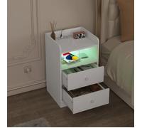 WOLTU Table de Chevet avec Lumière LED, Table d'Appoint avec Station de Charge, Prises et Ports USB, Table de Lit, Blanc W0ETT0150