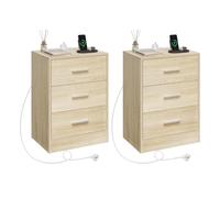 WOLTU Table de Chevet avec Prise Intégrée, Lot de 2, Table d'Appoint avec Station de Charge, 3 Tiroirs, 2 Prises AC, 1 Port USB, 1 Port Type-C, Chêne Clair, 39x28,5x54,5cm