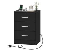 WOLTU Table de Chevet avec Prise Intégrée, Table d'Appoint avec Station de Charge, 3 Tiroirs, 2 Prises AC, 1 Port USB, 1 Port Type-C, Noir, 39x28,5x54,5cm