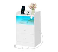 WOLTU Table de Chevet avec Prise, Ports USB et Lumière LED, Blanc | Table d'Appoint avec Tiroirs et Compartiment Ouvert, en Panneaux E1