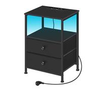 WOLTU Table de Chevet avec Prises, Table d'Appoint avec Éclairage LED, 2 Tiroirs en Tissu et Compartiment Ouvert, Noire, pour Salon, Chambre, Bureau, Métal + MDF, NTS27sz