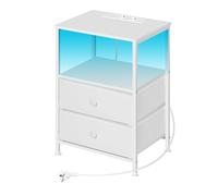WOLTU Table de Chevet avec Prises, Table d'Appoint avec Éclairage LED, 2 Tiroirs en Tissu et Compartiment Ouvert, Blanche, pour Salon, Chambre, Bureau, Métal + MDF, NTS27ws