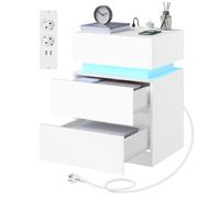 WOLTU Table de Chevet Connectée, LED, 2 Prises, 2 Ports USB, Blanc | Table de nuit avec Station de Charge, 2 Tiroirs, 1 Casier