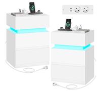 WOLTU Table de Chevet Connectée, Lot 2, LED, 2 Prises, 2 Ports USB, Blanc | Table de nuit avec Station de Charge, 2 Tiroirs, 1 Casier
