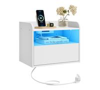 WOLTU Table de Chevet Flottantes avec Station de Charge, Blanc | Table de Nuit Moderne avec Éclairage LED Réglable, Compartiment Ouvert et Tiroir, en Bois, 45x30x35 cm