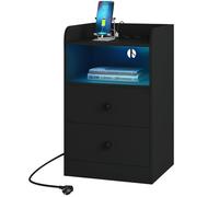 WOLTU Table de Chevet, Lumière LED, Table d'Appoint avec Station de Charge, Prises et Ports USB, Noir W0ETT0240