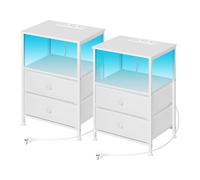 WOLTU Tables de Chevet avec Prises, Lot de 2 Tables d'Appoint avec Éclairage LED, 2 Tiroirs et Compartiment Ouvert, Blanche, pour Salon, Chambre à Coucher, Bureau, Métal + MDF, NTS27ws-2