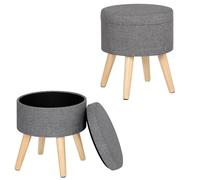 WOLTU Tabouret Rond Pouf Coffre de Rangement Repose-Pieds, Lot de 2, siège en Lin Pieds en Bois Massif,Gris Clair