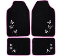 WOLTU Tapis de voiture universel lot de 4,Tapis avec broderie papillon, tapis de sol pour voiture en tissu,Noir + Rose