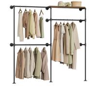 WOLTU Tringle à Vêtements Murale, Dressing Penderie, Portant à Vêtements avec Étagère et 3 Rails de Suspension, Design Ouvert, Style Industriel, Noir + Marron Rustique