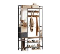 WOLTU Vestiaire d'Entrée avec Miroir et Banc Chaussures, Portant à Vêtement | Penderie, avec 9 Crochets, 2 Tiroirs, Étagère Réglable, en Métal et Bois d’Ingénierie, 100x30x180cm, Noir + Marron Rustique
