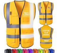 WolunLi Gilet de sécurité personnalisé en vrac avec nom, logo, texte, gilets réfléchissants haute visibilité avec poches, gilet de travail pour homme, employé de la construction Yellow 2X-Large