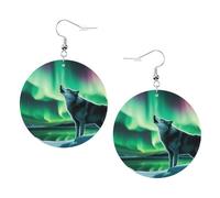 Wolves Howl In The Northern Lights Boucles d'oreilles rondes en cuir PVC imprimé double face avec crochets plaqués argent 925, taille unique, argent sterling, pierre d'or, taille unique, argent