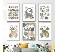 WoLWEs Lot de 6 Bébé Chambre Alphabet Numéro Pépinière Impression Nordique Affiches Dinosaure Mur Art Toile Peinture Photos Bébé Enfants Chambre Décor Mur Photos-A4 (sans Cadre)