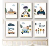 WoLWEs Lot de 6 Girafe Lion Rhino Voiture Arc-En-Ciel Maison Animaux Pépinière Mur Art Toile Peinture Affiches et Gravures Mur Photos Enfants Chambre Décor-A4 (Pas de Cadre)