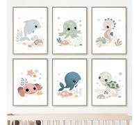 WoLWEs Lot de 6 Toiles D'Art Murales pour Chambre de Bébé Baleine Tortue Crabe Dauphin Hippocampe Océan Pépinière Peinture Affiches et Impressions Photos Enfants Chambre Décor-A4 (Sans Cadre)