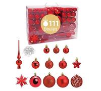 WOMA Set de Boules de Noël Rouge I 111 Boules Arbre de Noël + Pointe d'arbre I Petites & Grosses Boules Plastique I Déco Arbre de Noël Boules I Déco Noël avec Crochets métalliques INCL.