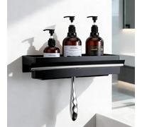 Womamny Étagère de salle de bain noire adhésive de 33 cm, étagère de salle de bain en acier inoxydable améliorée sans perçage, pour raclette de fenêtre, shampooing, gel douche, rasoir, serviettes